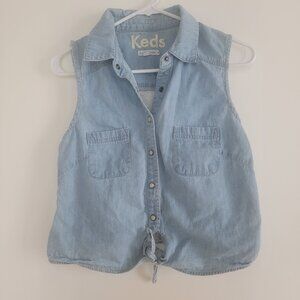 Keds Chambray Denim Tie Front Button Down Sleeveless Top with Lace Back Medium